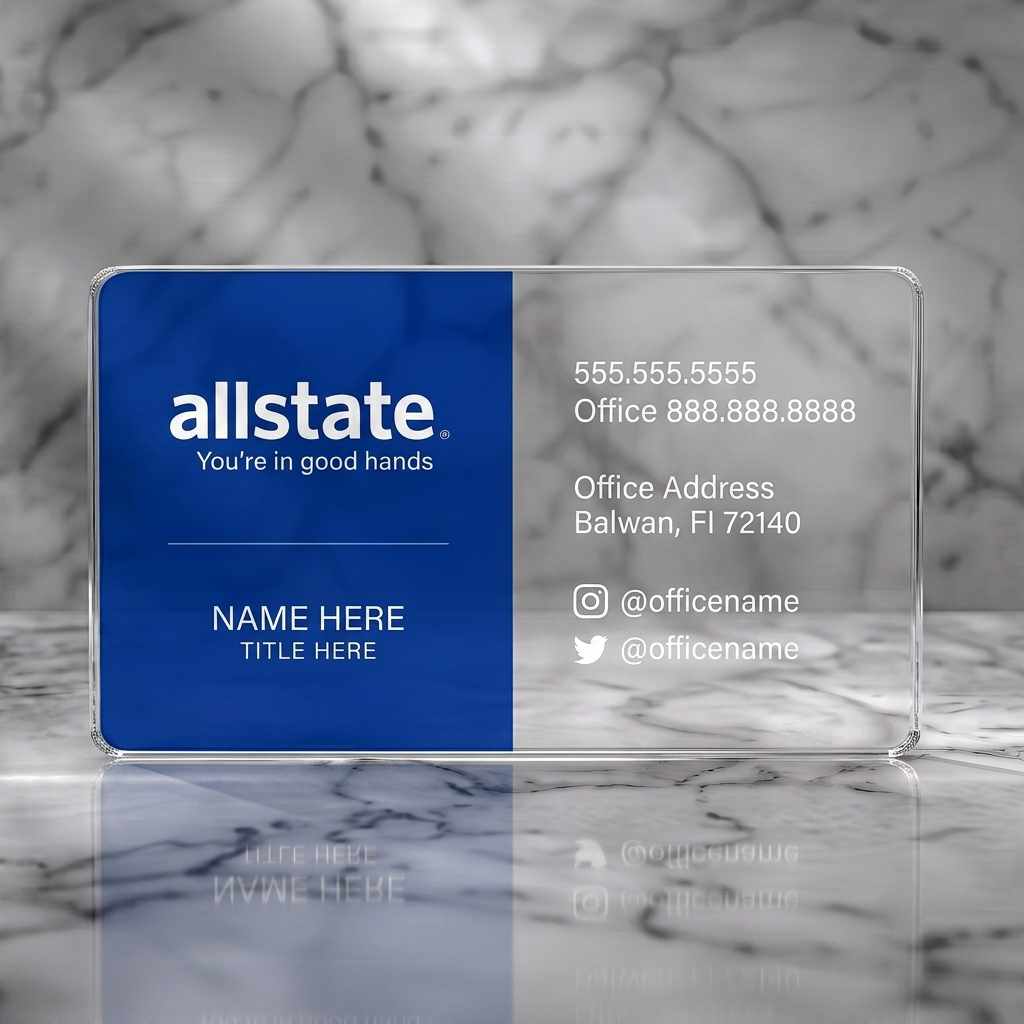 Clear plastic business card featuring a two-panel design with Allstate blue and white branding, clean sans-serif typography, and social icons