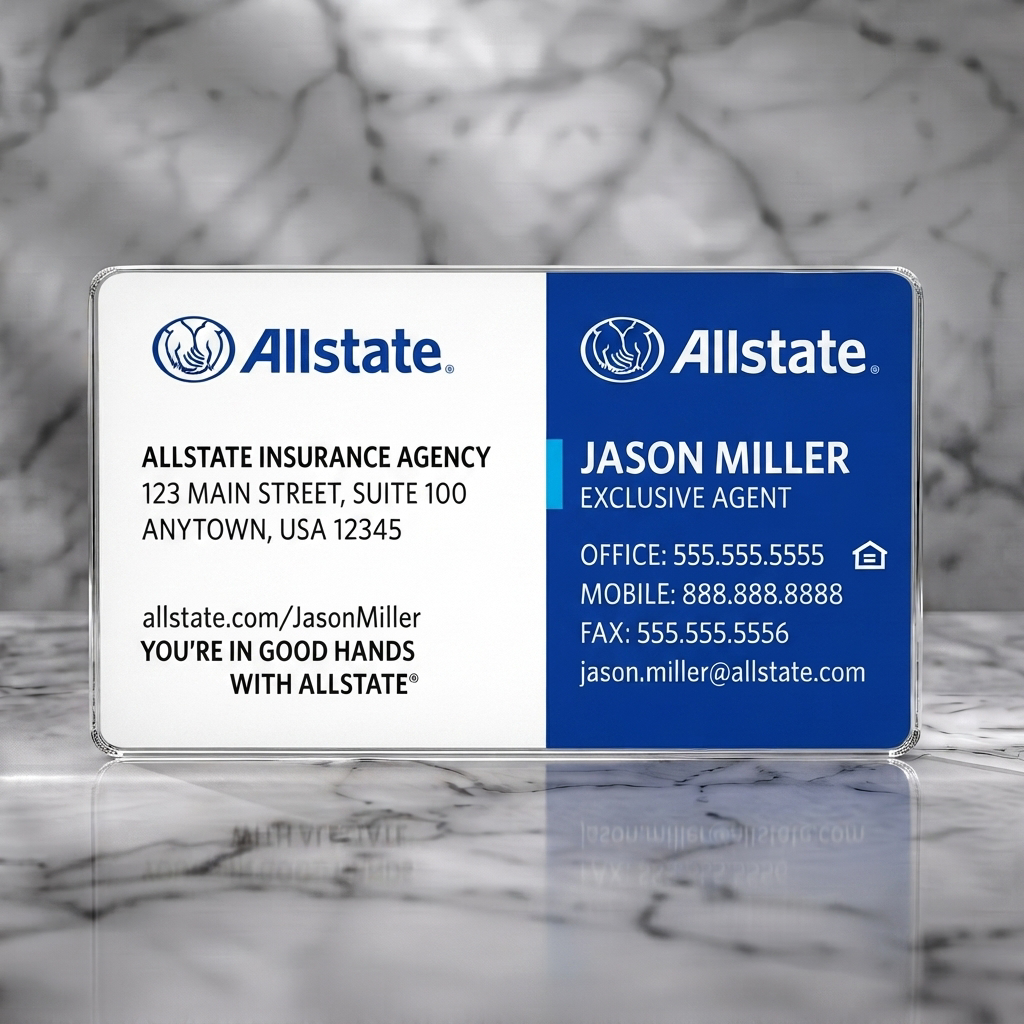 Clear plastic business card featuring two-panel design with Allstate blue and white, sans-serif typography, brand logo, and contact icons