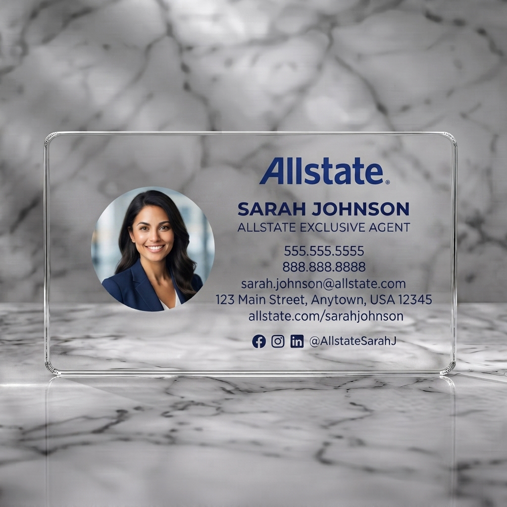 Clear plastic business card featuring a clean, modern design with Allstate blue, crisp typography, agent photo, and social media icons