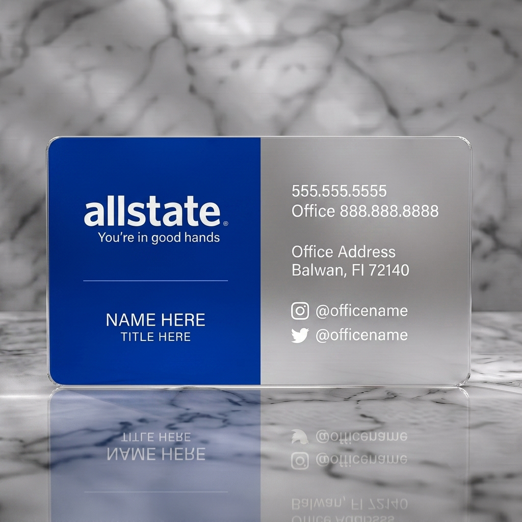 Frosted translucent plastic business card featuring a two-panel design with Allstate blue and white branding, clean sans-serif typography, and social icons
