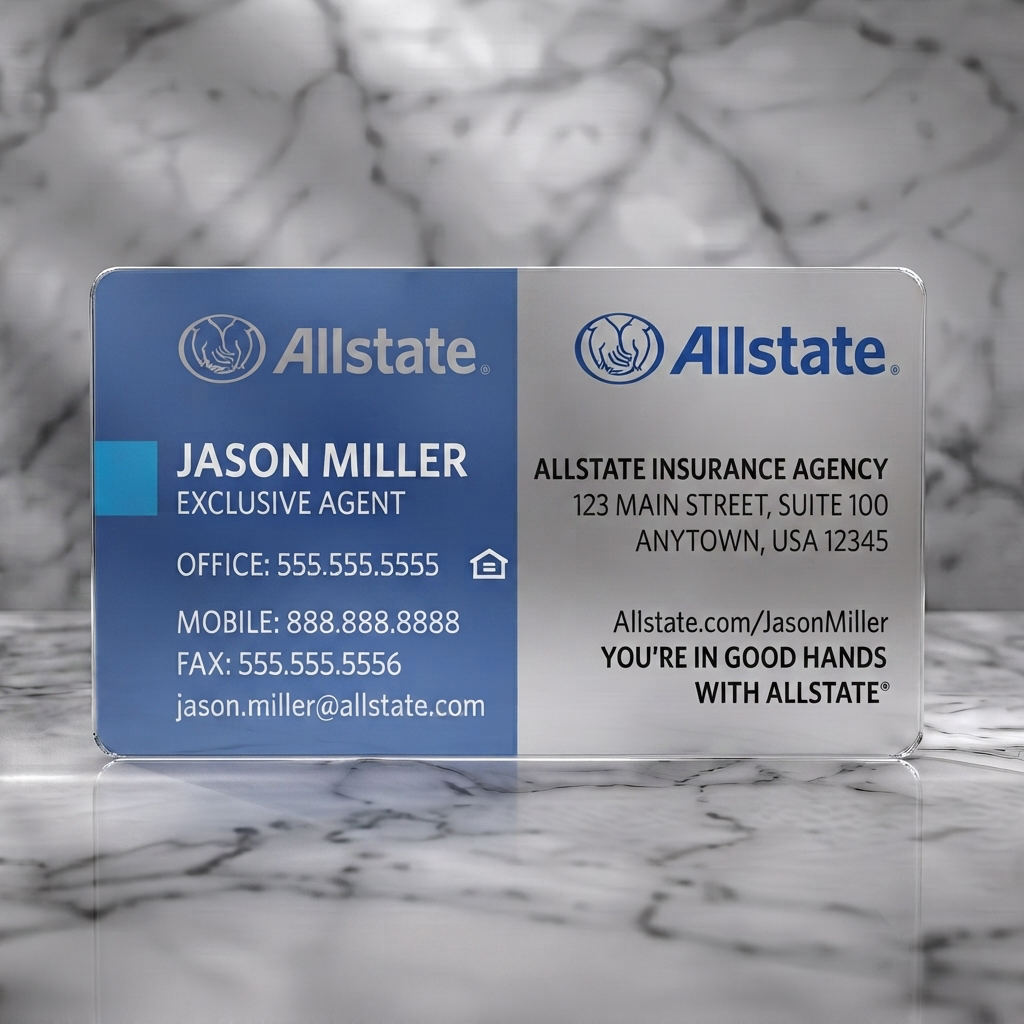 Frosted translucent plastic business card featuring two-panel design with Allstate blue and white, sans-serif typography, brand logo, and contact icons