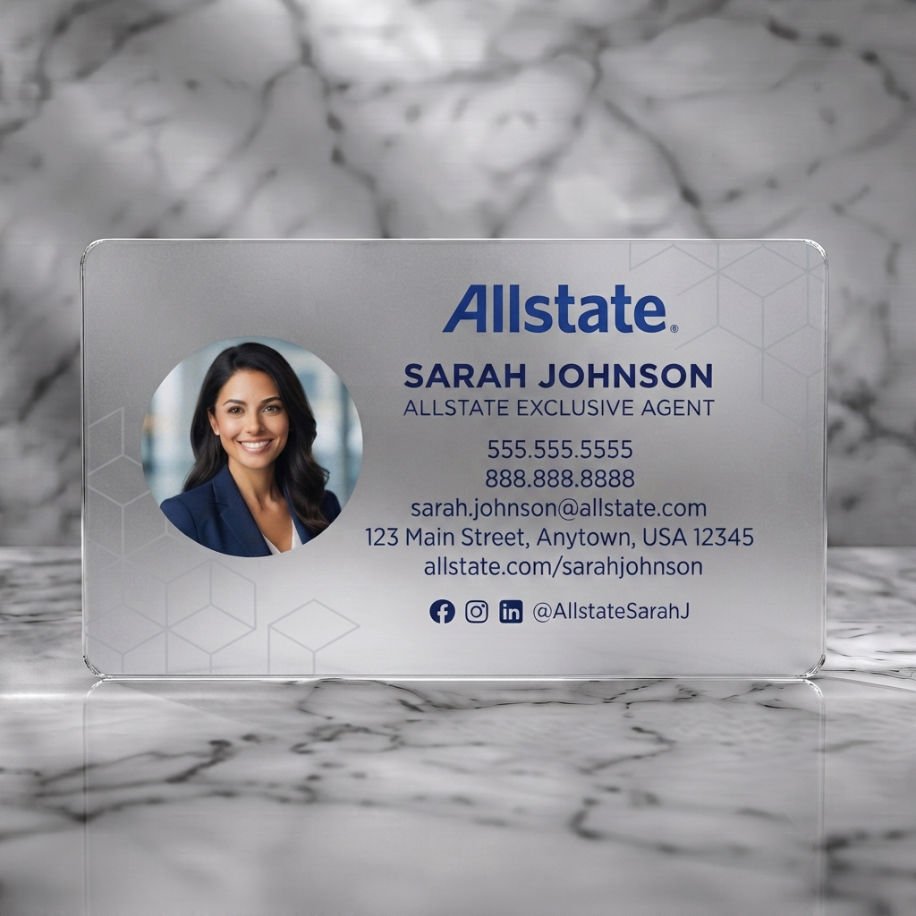 Frosted translucent plastic business card featuring a clean, modern design with Allstate blue, crisp typography, agent photo, and social media icons