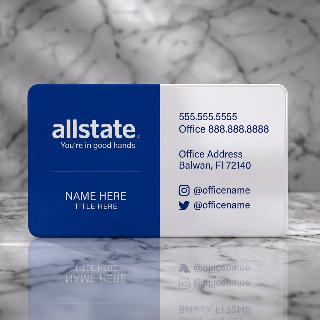 Solid white PVC business card featuring a two-panel design with Allstate blue and white branding, clean sans-serif typography, and social icons