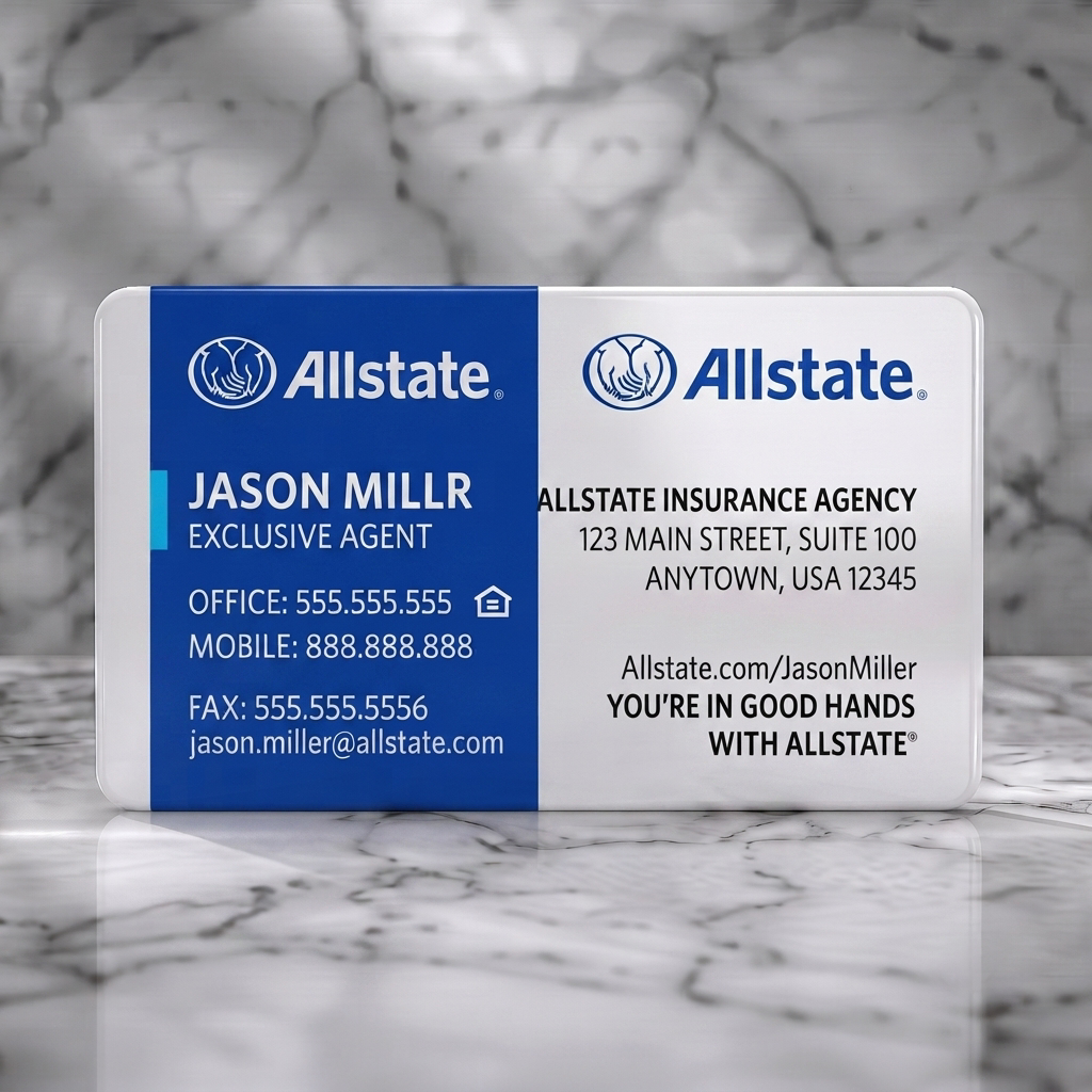 Solid white PVC business card featuring two-panel design with Allstate blue and white, sans-serif typography, brand logo, and contact icons