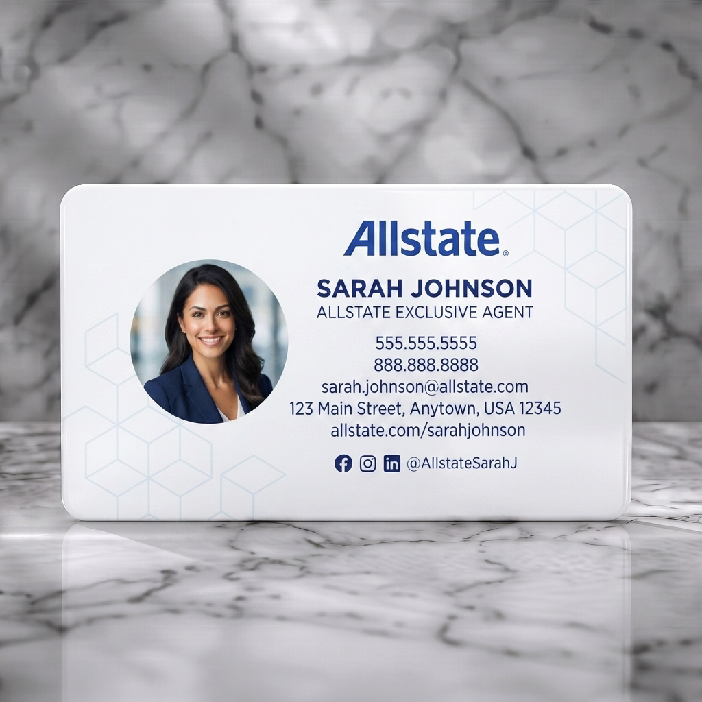 Solid white PVC business card featuring a clean, modern design with Allstate blue, crisp typography, agent photo, and social media icons