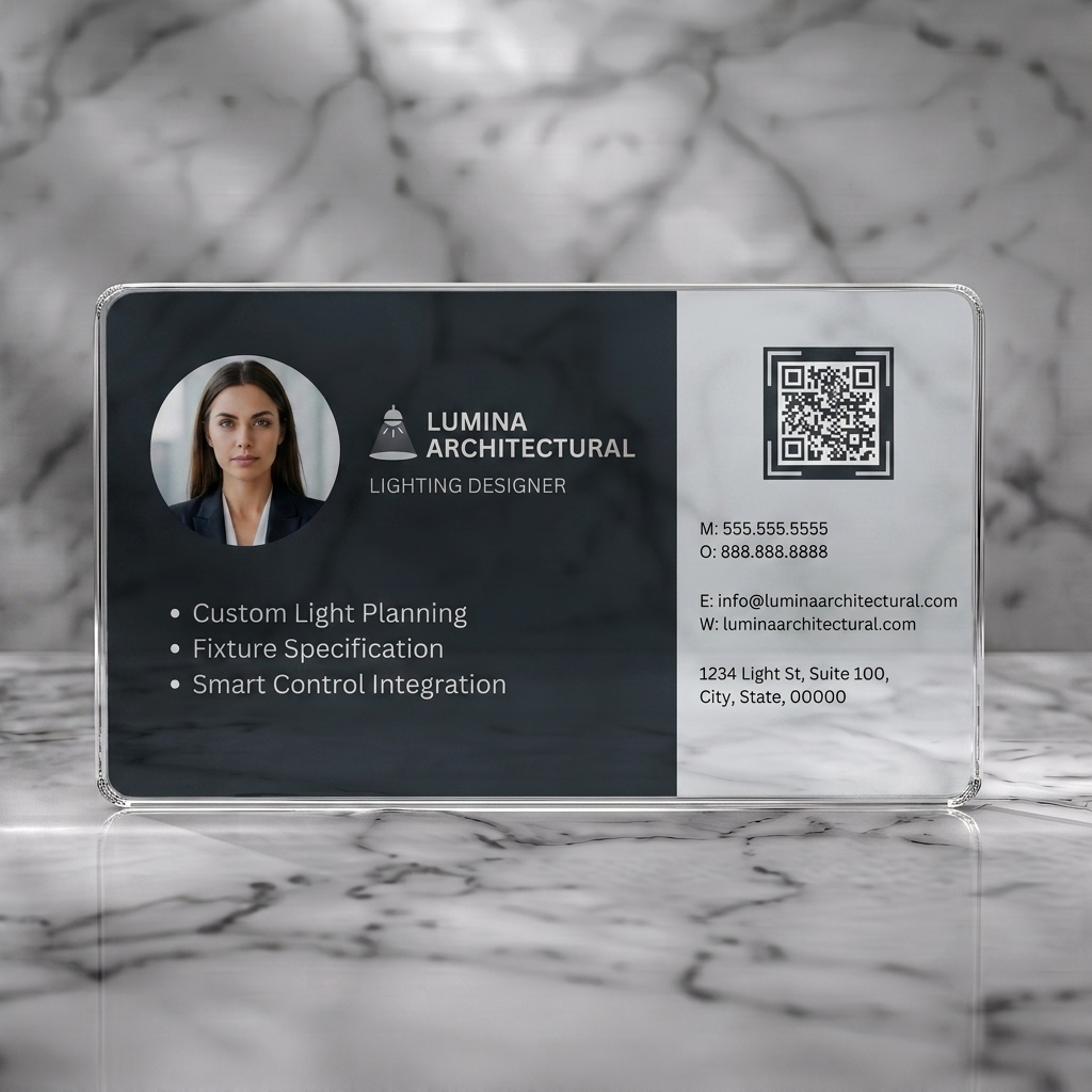 Clear plastic business card featuring professional, two-tone design in charcoal and grey, with a light icon, QR code, and clear sans-serif text