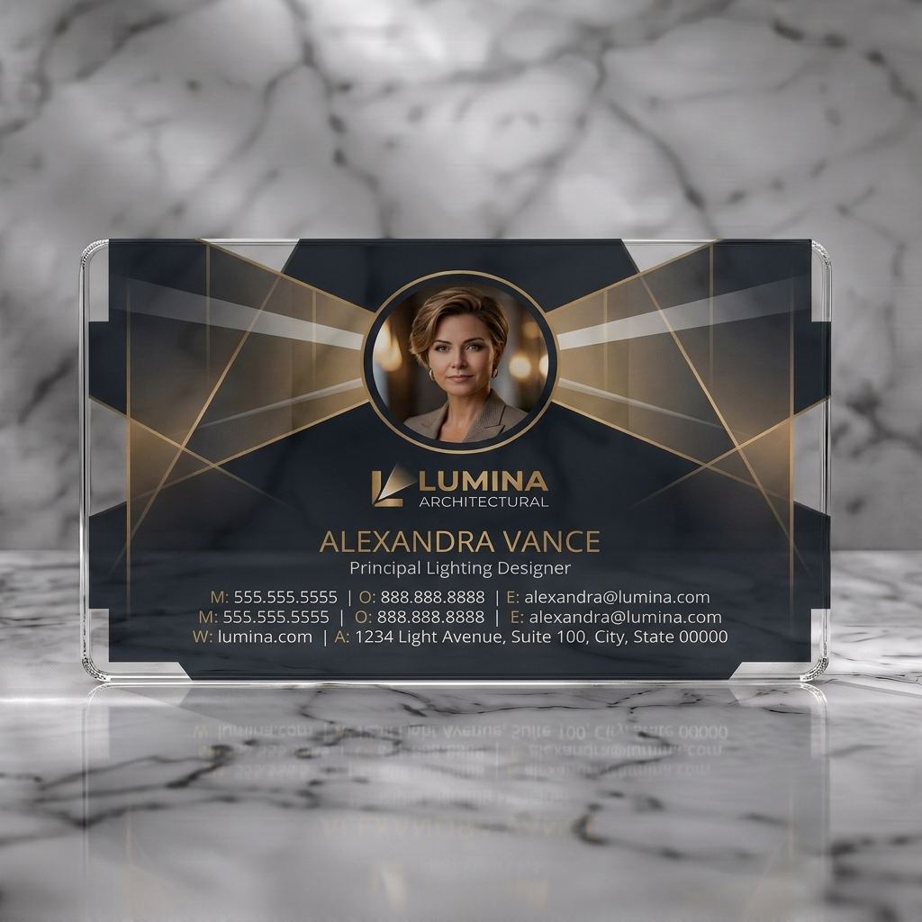 Clear plastic business card featuring a modern dark design with gold geometric light lines, professional photo, and clean sans-serif text
