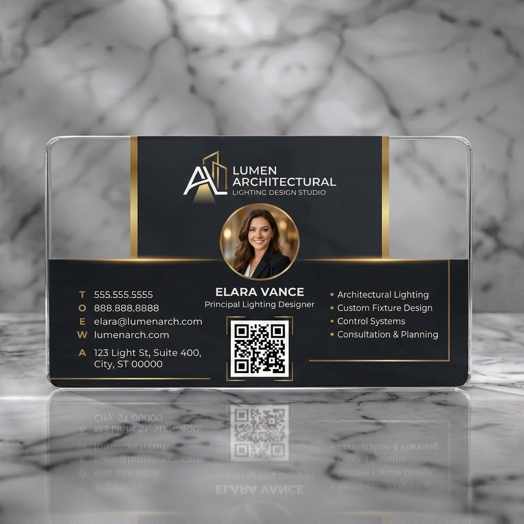 Clear plastic business card featuring modern design with dark gray/gold colors, sans-serif fonts, architectural logo, headshot, and QR code