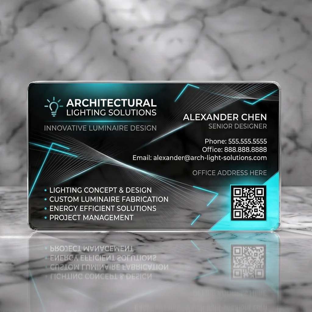Clear plastic business card featuring a dark modern design with vibrant cyan accents, sleek typography, lightbulb icon, and geometric light rays