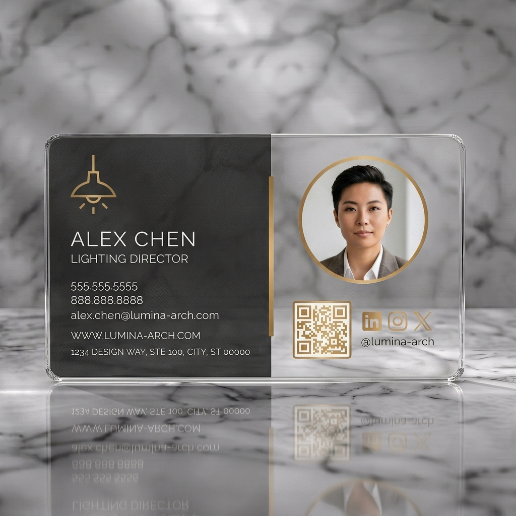 Clear plastic business card featuring two-panel design with dark gray, gold, white, modern sans-serif fonts, and minimalist lighting/social icons