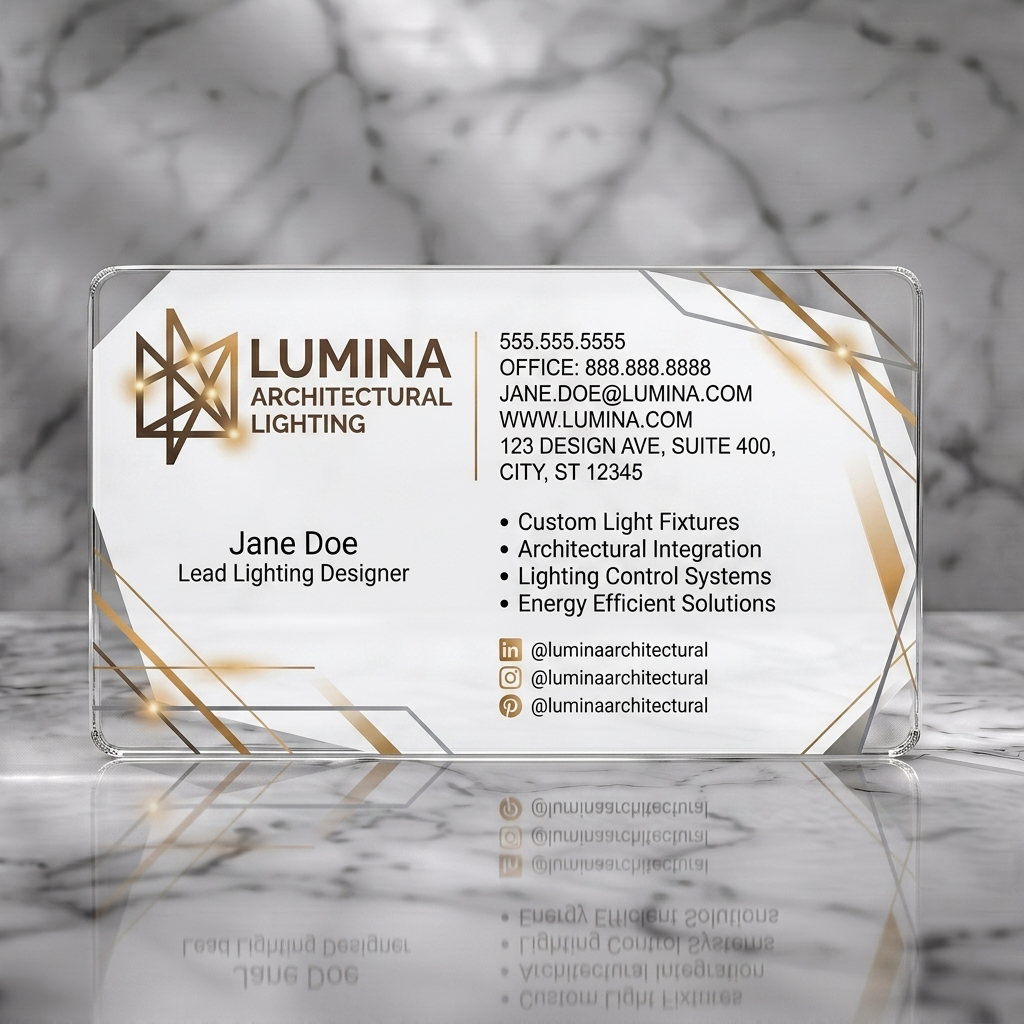 Clear plastic business card featuring modern architectural design, geometric gold accents, sleek sans-serif typography, and social icons