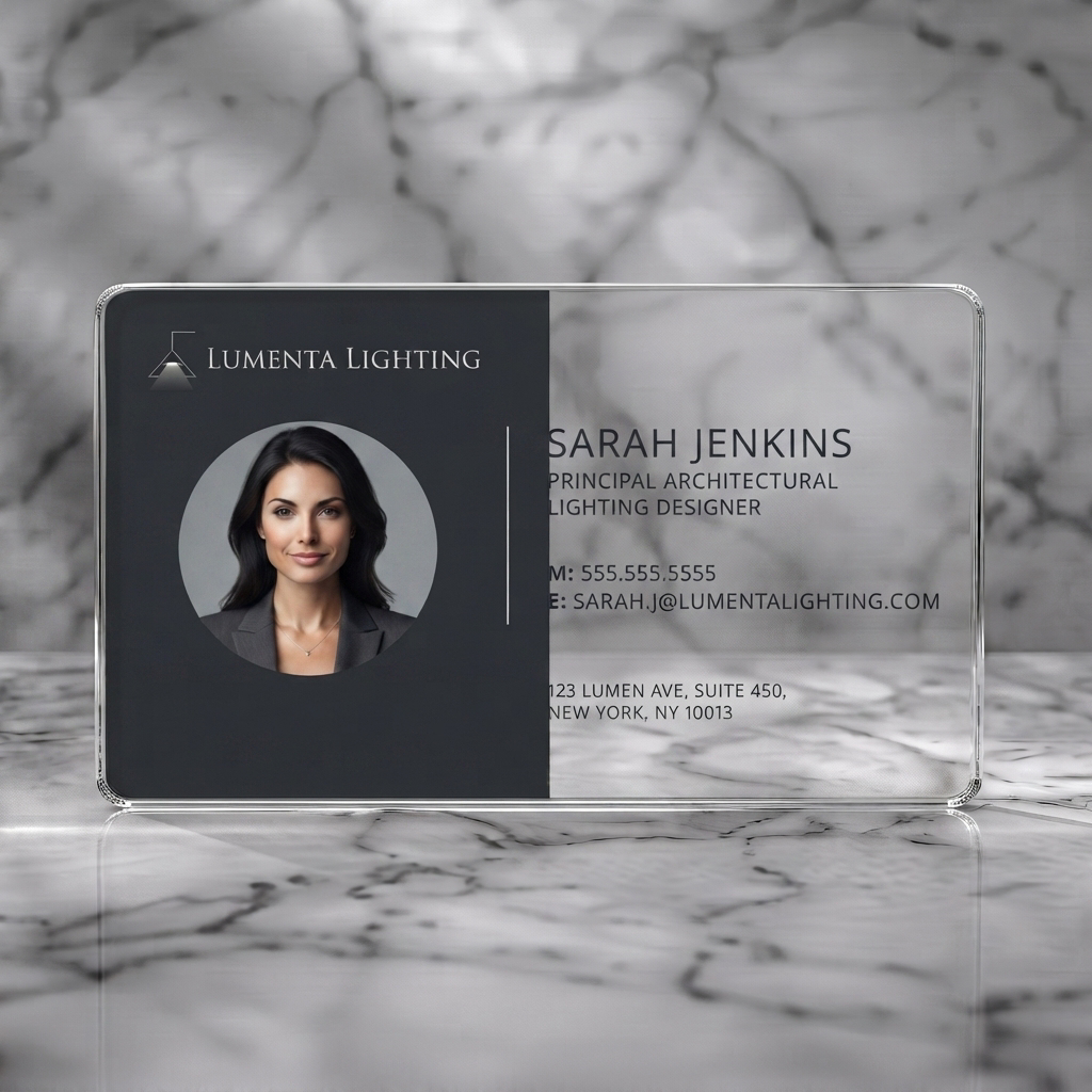 Clear plastic business card featuring a modern two-tone gray design, sans-serif typography, portrait photo, and minimalist lighting logo