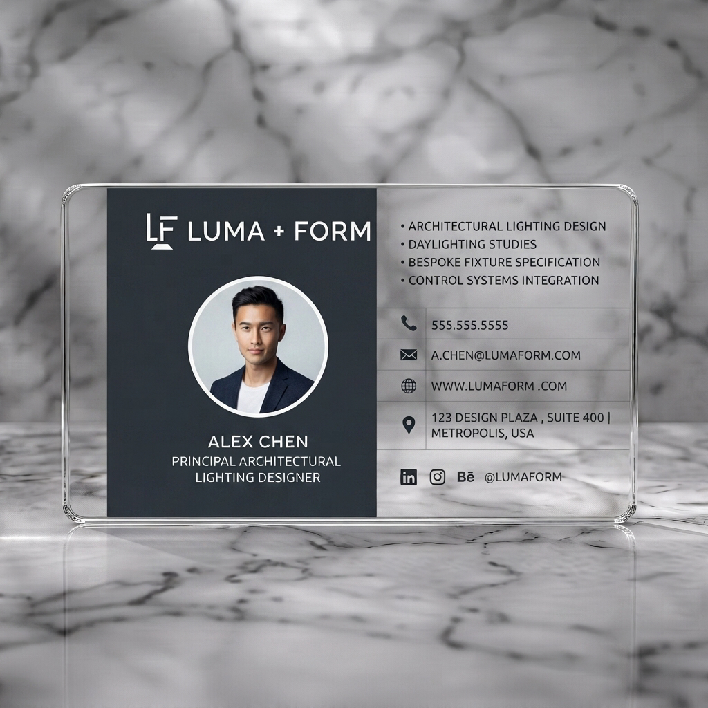 Clear plastic business card featuring clean, high-contrast dark grey and white split design, sans-serif typography, and minimalist line icons