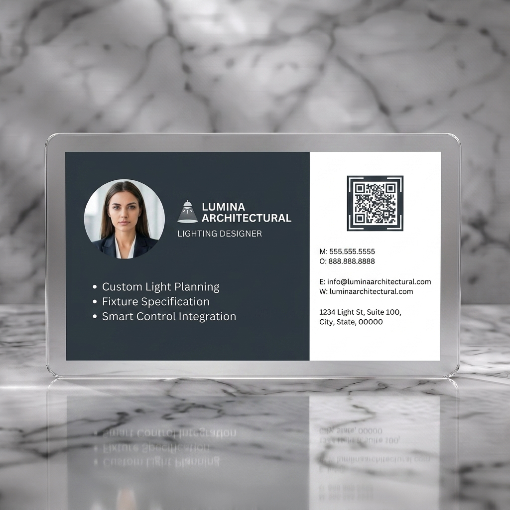 Frosted translucent plastic business card featuring professional, two-tone design in charcoal and grey, with a light icon, QR code, and clear sans-serif text