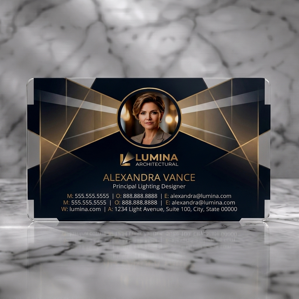 Frosted translucent plastic business card featuring a modern dark design with gold geometric light lines, professional photo, and clean sans-serif text