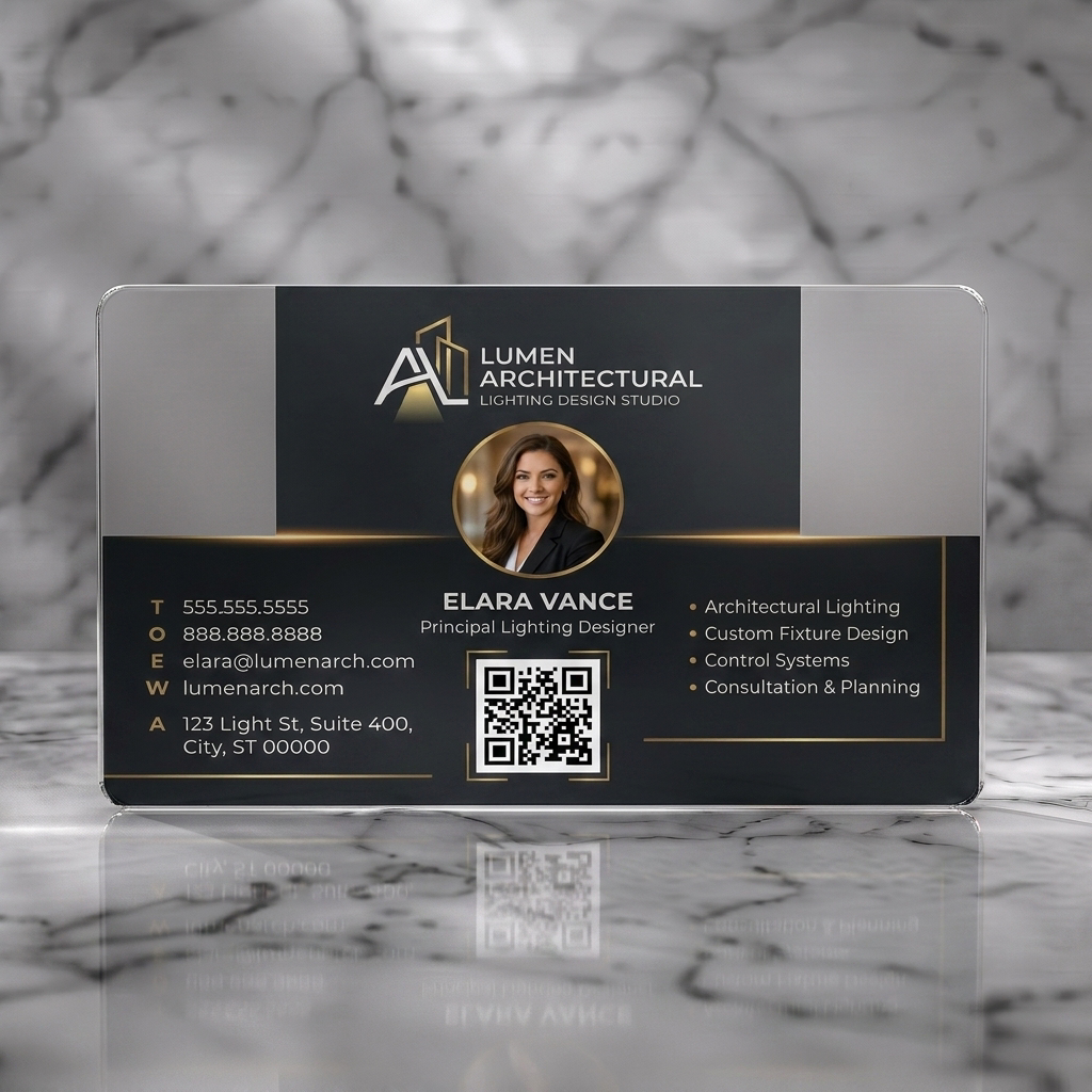 Frosted translucent plastic business card featuring modern design with dark gray/gold colors, sans-serif fonts, architectural logo, headshot, and QR code