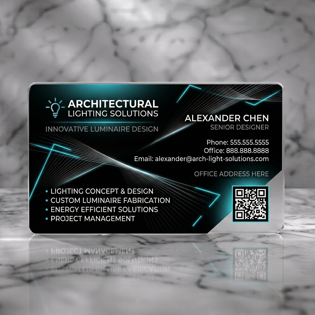 Frosted translucent plastic business card featuring a dark modern design with vibrant cyan accents, sleek typography, lightbulb icon, and geometric light rays