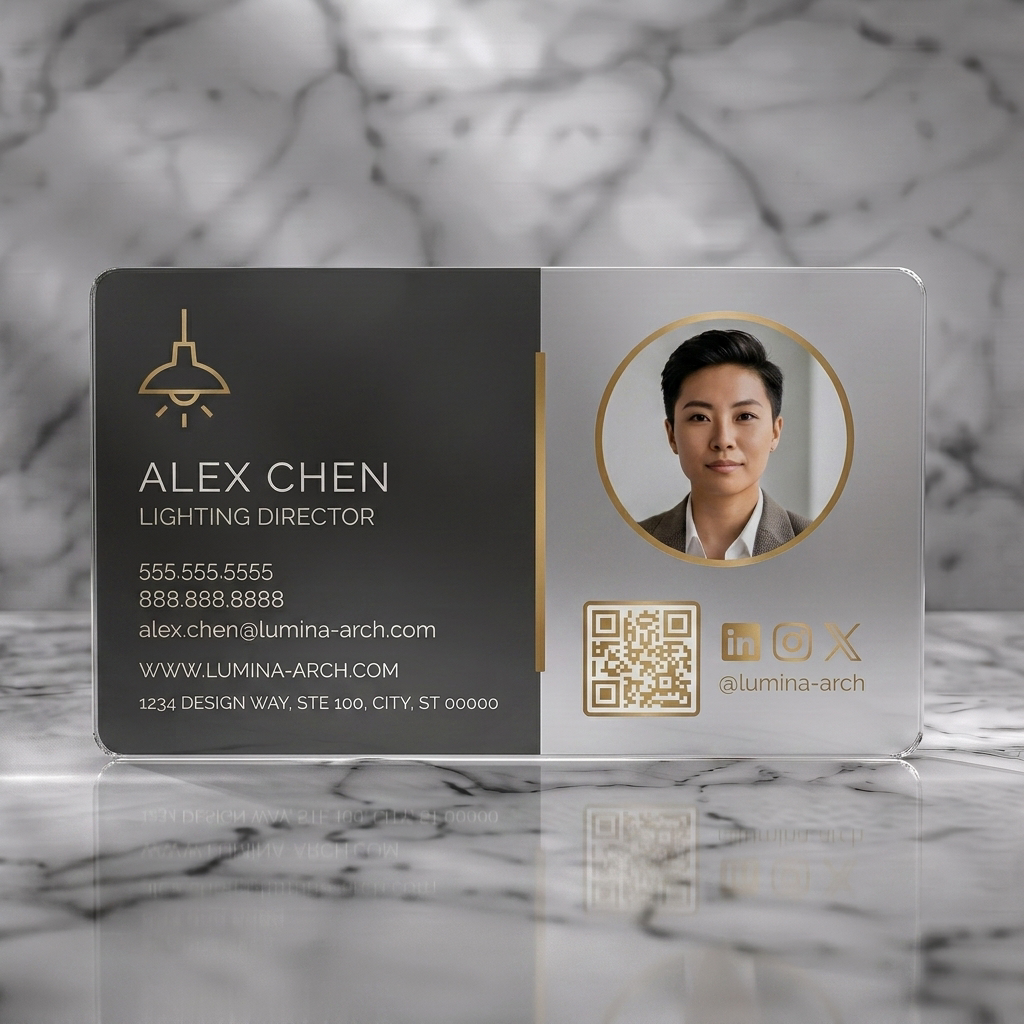 Frosted translucent plastic business card featuring two-panel design with dark gray, gold, white, modern sans-serif fonts, and minimalist lighting/social icons