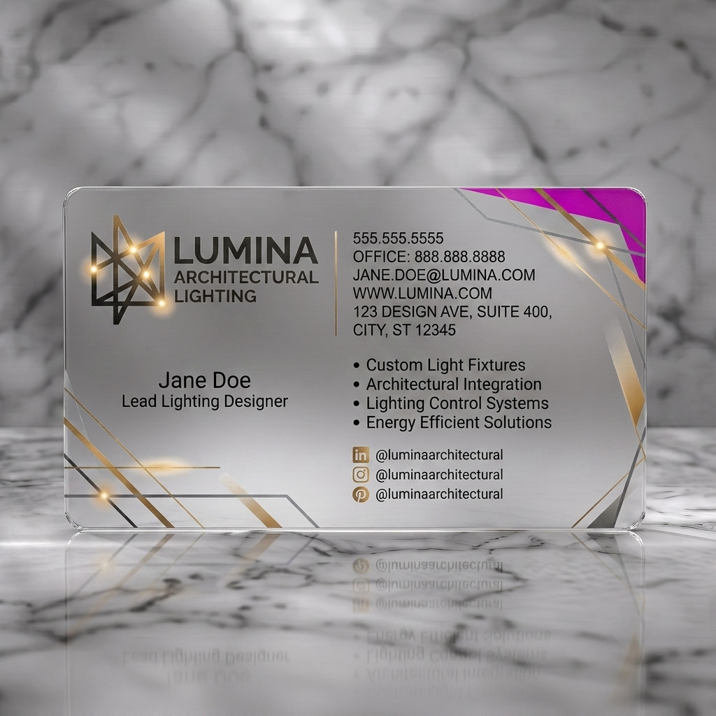 Frosted translucent plastic business card featuring modern architectural design, geometric gold accents, sleek sans-serif typography, and social icons