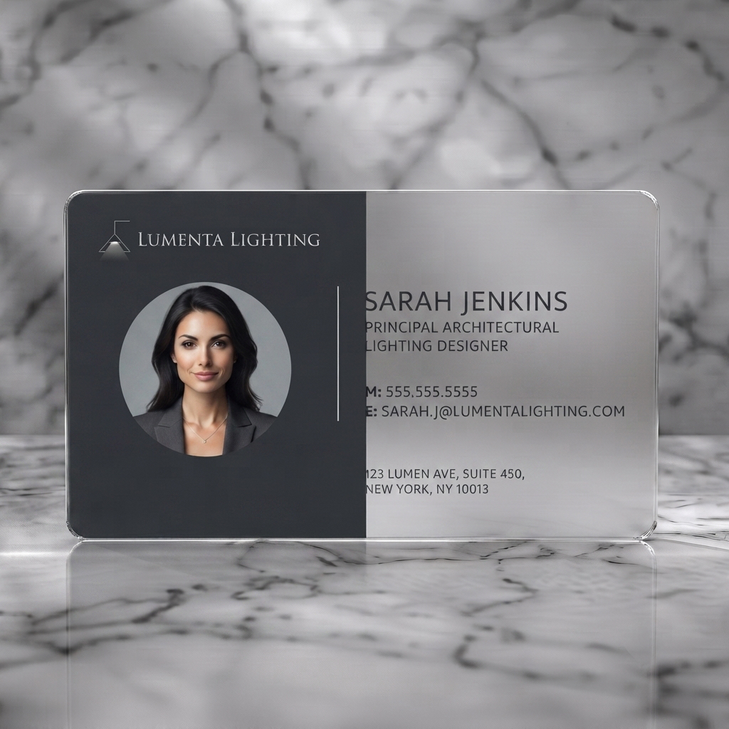 Frosted translucent plastic business card featuring a modern two-tone gray design, sans-serif typography, portrait photo, and minimalist lighting logo