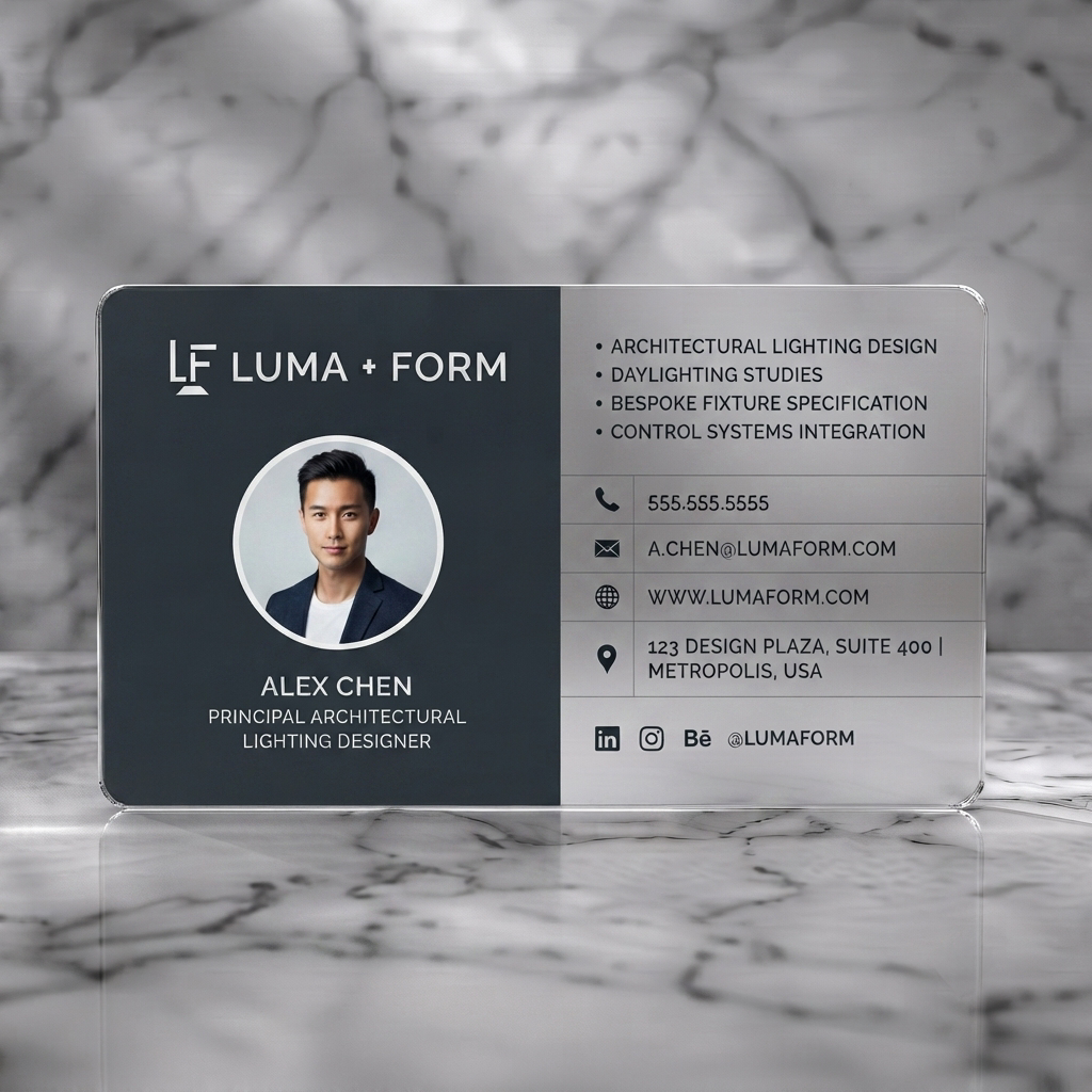 Frosted translucent plastic business card featuring clean, high-contrast dark grey and white split design, sans-serif typography, and minimalist line icons