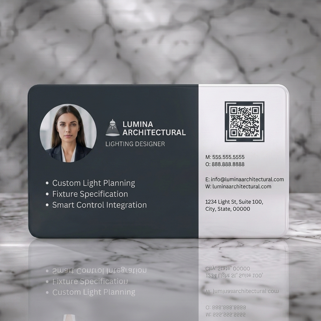Solid white PVC business card featuring professional, two-tone design in charcoal and grey, with a light icon, QR code, and clear sans-serif text