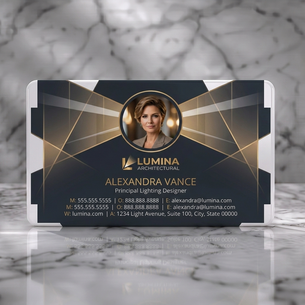 Solid white PVC business card featuring a modern dark design with gold geometric light lines, professional photo, and clean sans-serif text