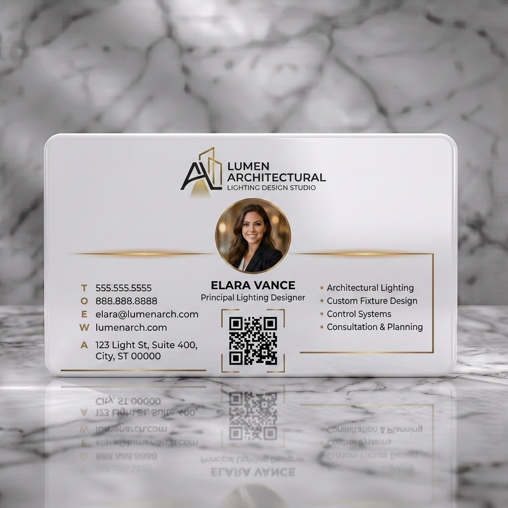 Solid white PVC business card featuring modern design with dark gray/gold colors, sans-serif fonts, architectural logo, headshot, and QR code