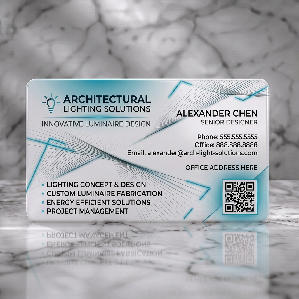 Solid white PVC business card featuring a dark modern design with vibrant cyan accents, sleek typography, lightbulb icon, and geometric light rays