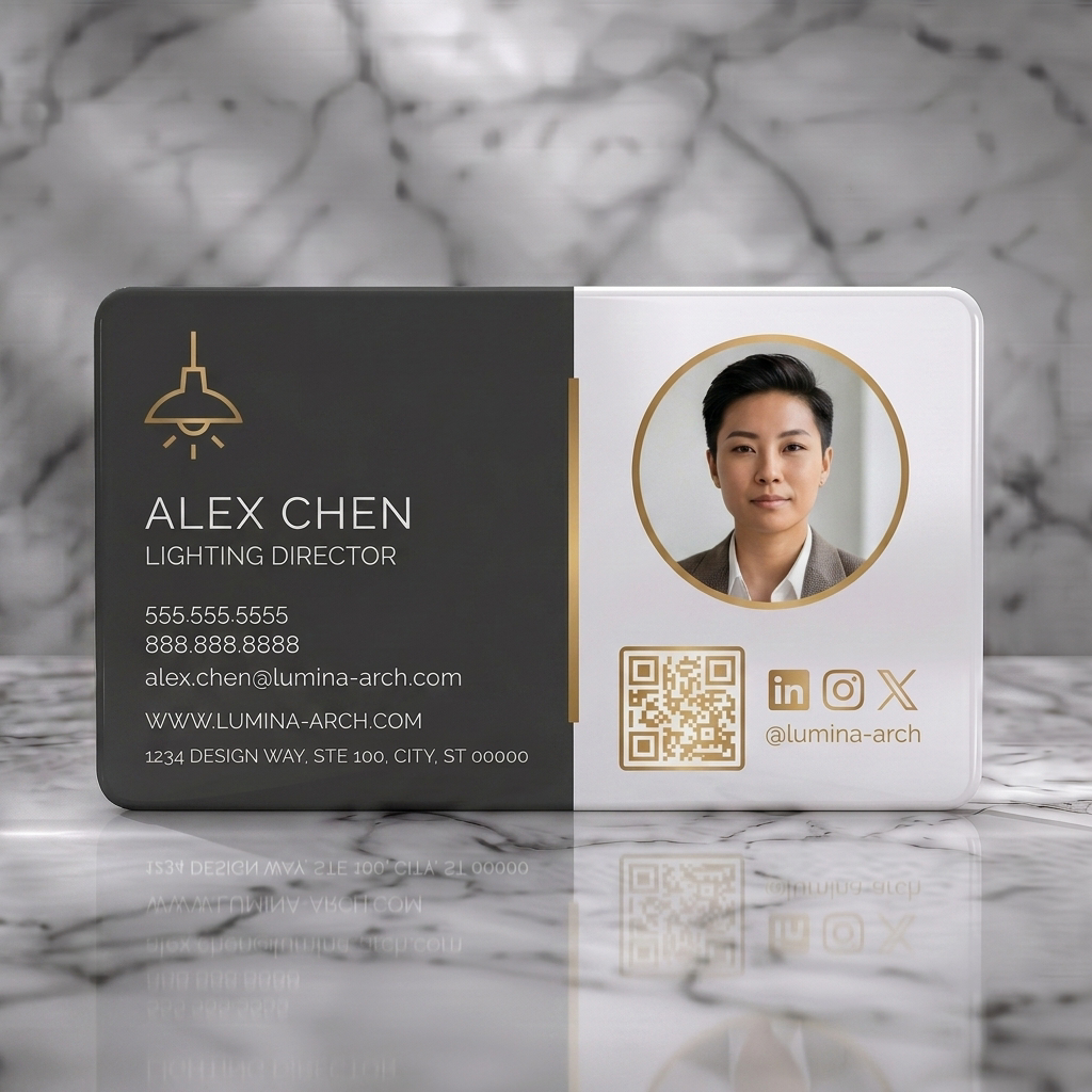 Solid white PVC business card featuring two-panel design with dark gray, gold, white, modern sans-serif fonts, and minimalist lighting/social icons