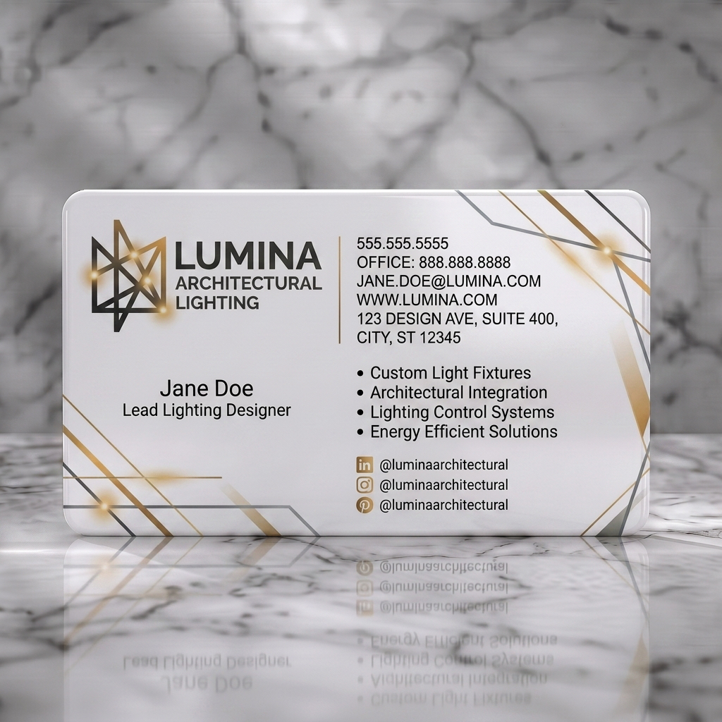 Solid white PVC business card featuring modern architectural design, geometric gold accents, sleek sans-serif typography, and social icons