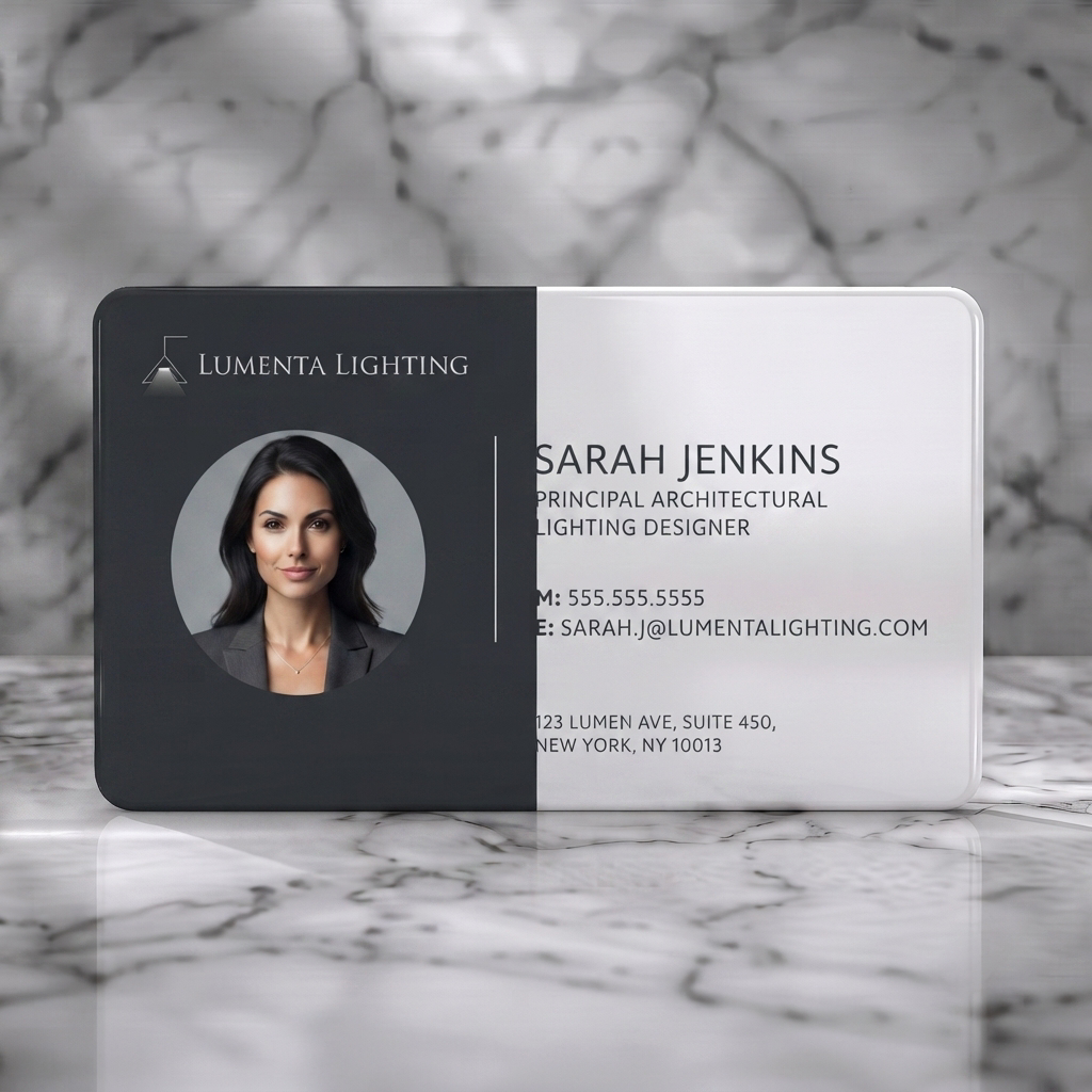 Solid white PVC business card featuring a modern two-tone gray design, sans-serif typography, portrait photo, and minimalist lighting logo