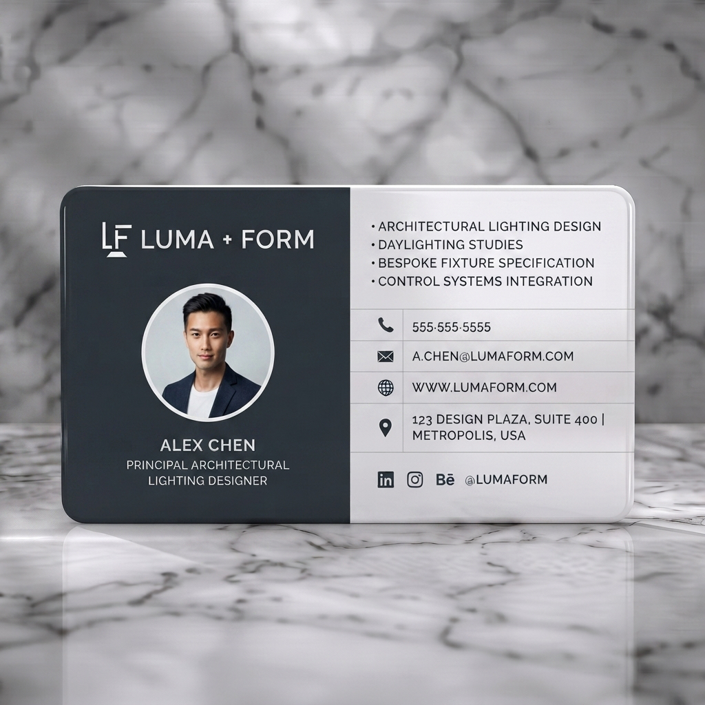 Solid white PVC business card featuring clean, high-contrast dark grey and white split design, sans-serif typography, and minimalist line icons