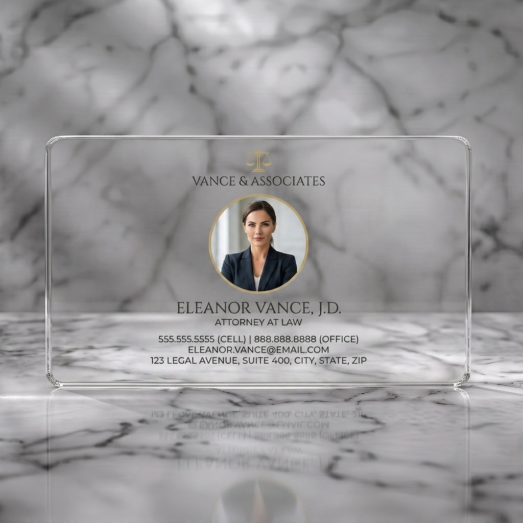 Clear plastic business card featuring an elegant design with a gold scales icon, centered portrait, and white serif/sans-serif text