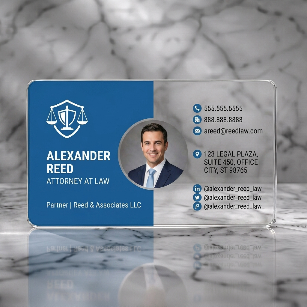 Clear plastic business card featuring modern blue & white design with law emblem, sans-serif font, circular photo, & minimalist contact icons