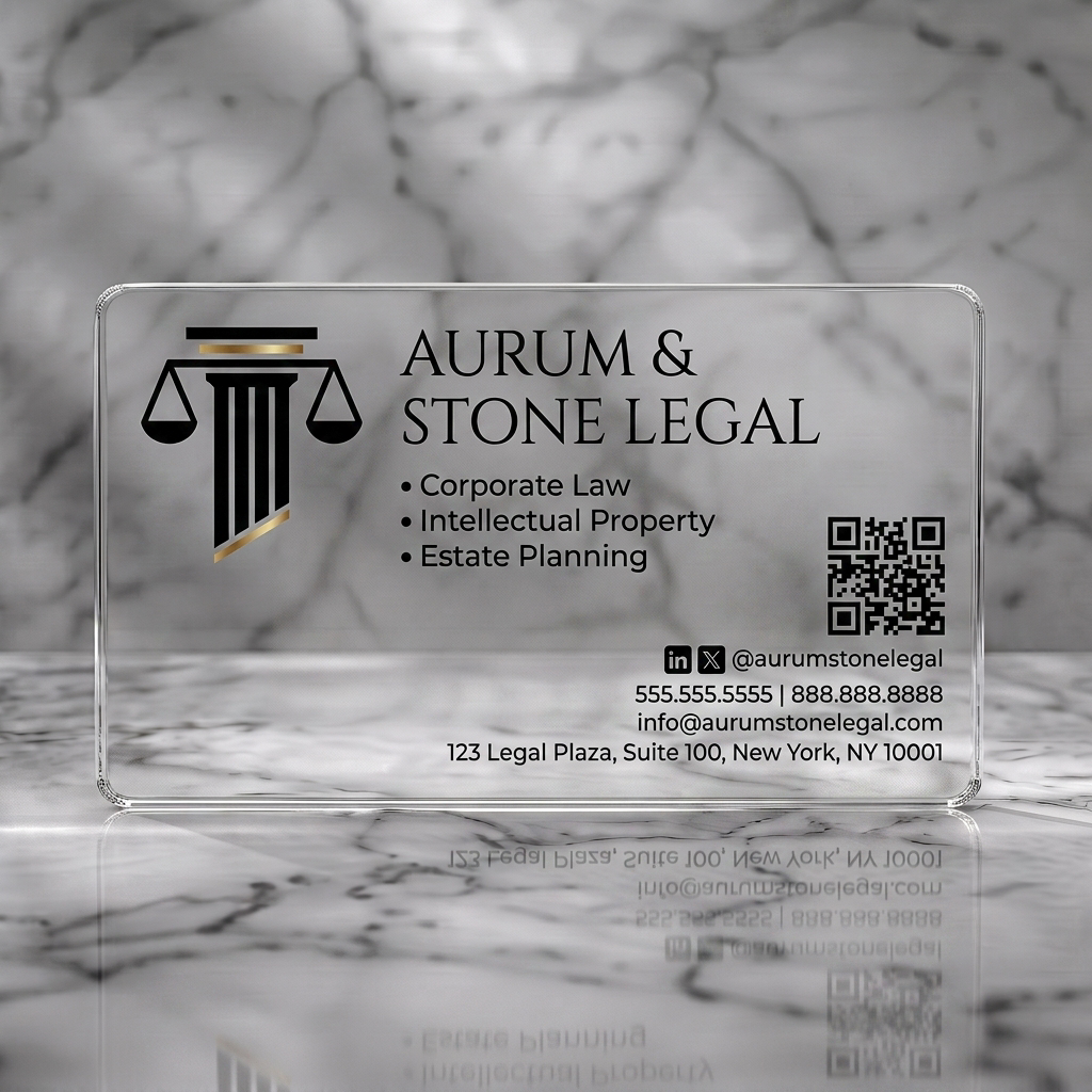 Clear plastic business card featuring modern, black sans-serif text with a stylized scales of justice icon and social media links