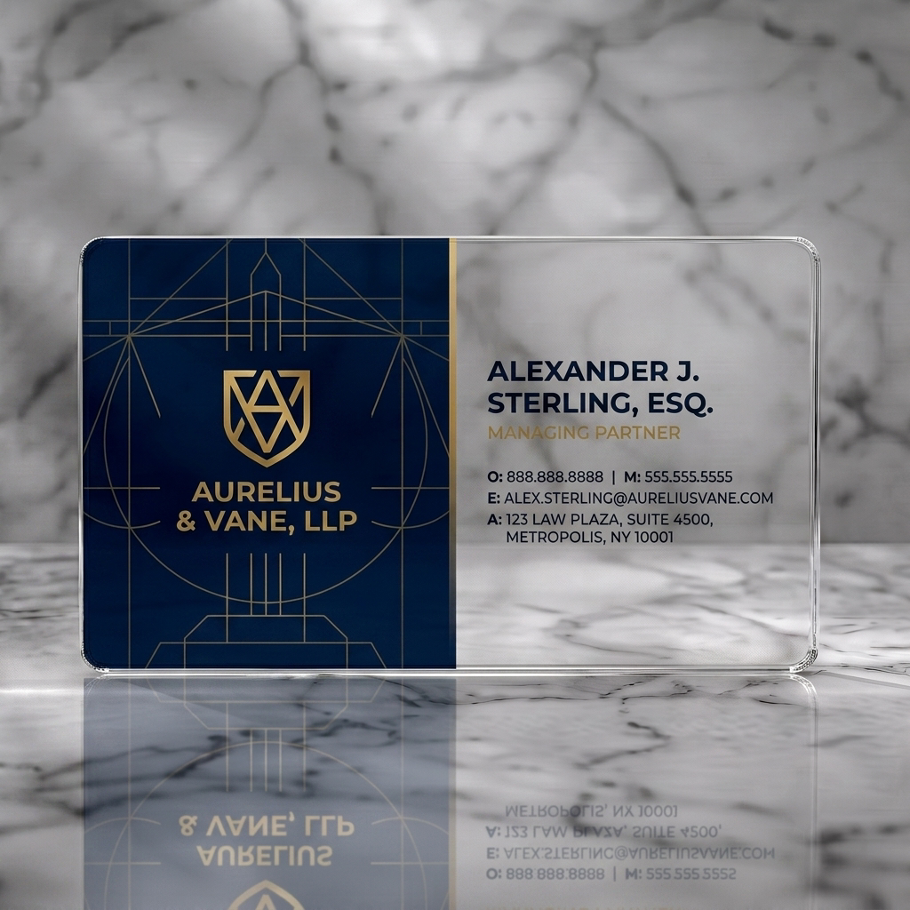 Clear plastic business card featuring elegant two-tone design with a geometric gold monogram on navy, complemented by clean sans-serif typography