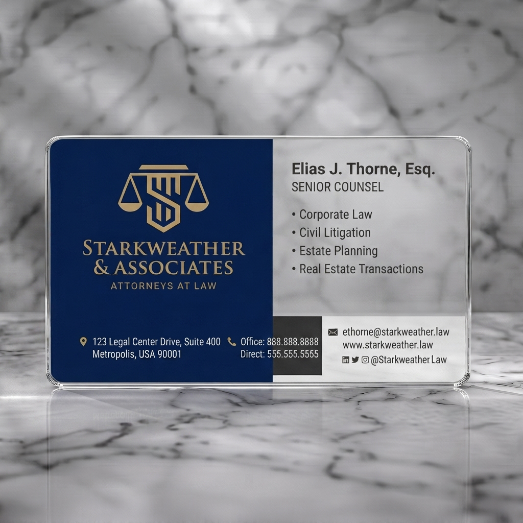 Clear plastic business card featuring a professional two-tone navy & white design, gold logo, classic serif/modern sans-serif, minimalist icons