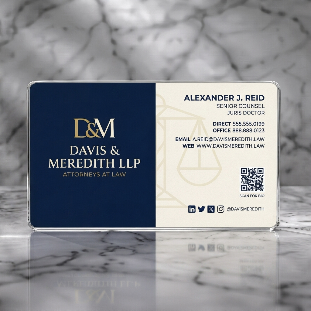 Clear plastic business card featuring elegant navy & cream design, gold accents, mixed typography, subtle scales, social media icons