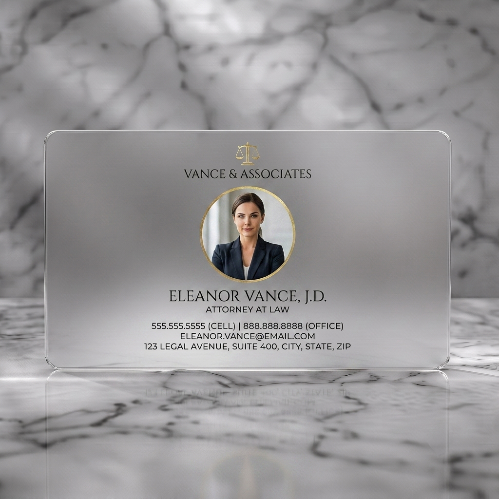 Frosted translucent plastic business card featuring an elegant design with a gold scales icon, centered portrait, and white serif/sans-serif text