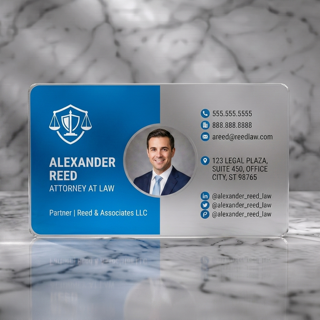 Frosted translucent plastic business card featuring modern blue & white design with law emblem, sans-serif font, circular photo, & minimalist contact icons