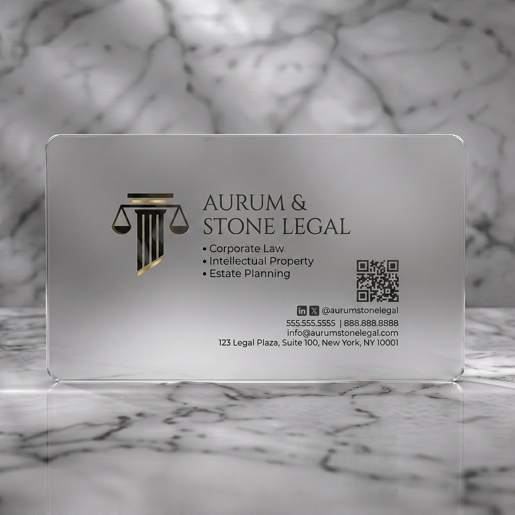 Frosted translucent plastic business card featuring modern, black sans-serif text with a stylized scales of justice icon and social media links