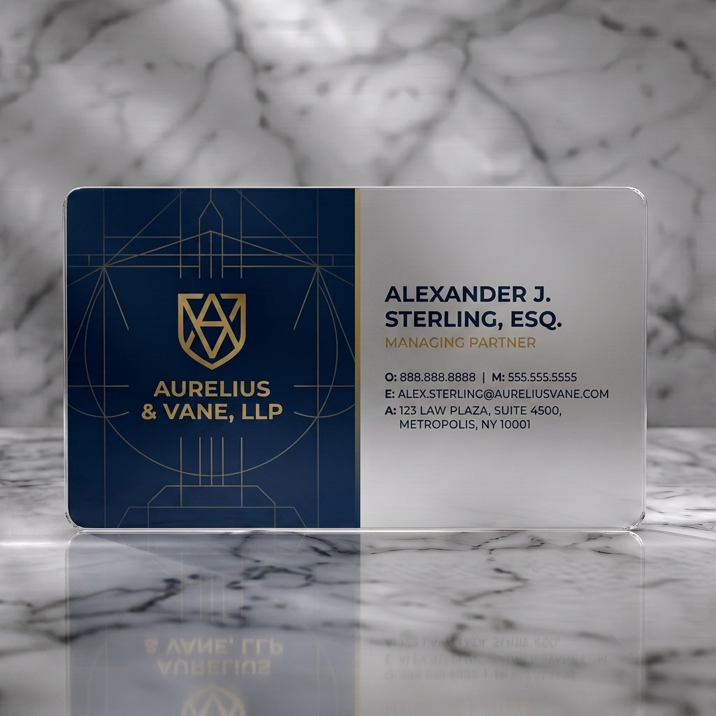 Frosted translucent plastic business card featuring elegant two-tone design with a geometric gold monogram on navy, complemented by clean sans-serif typography