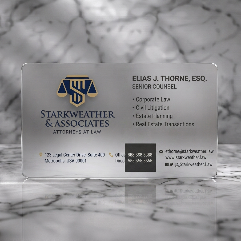 Frosted translucent plastic business card featuring a professional two-tone navy & white design, gold logo, classic serif/modern sans-serif, minimalist icons