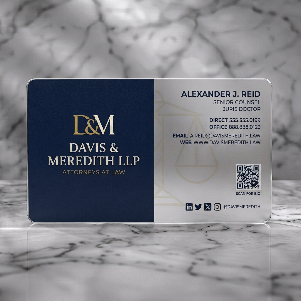 Frosted translucent plastic business card featuring elegant navy & cream design, gold accents, mixed typography, subtle scales, social media icons