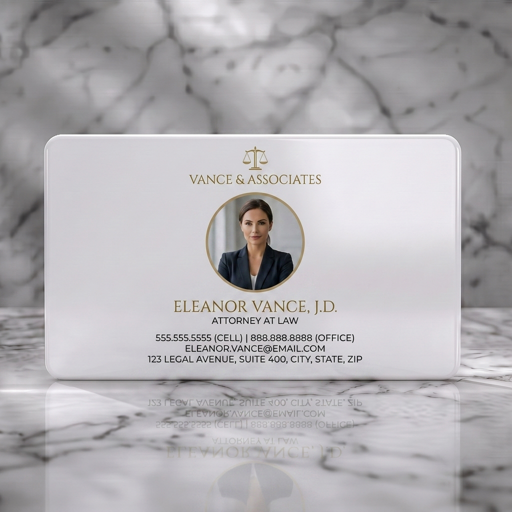 Solid white PVC business card featuring an elegant design with a gold scales icon, centered portrait, and white serif/sans-serif text