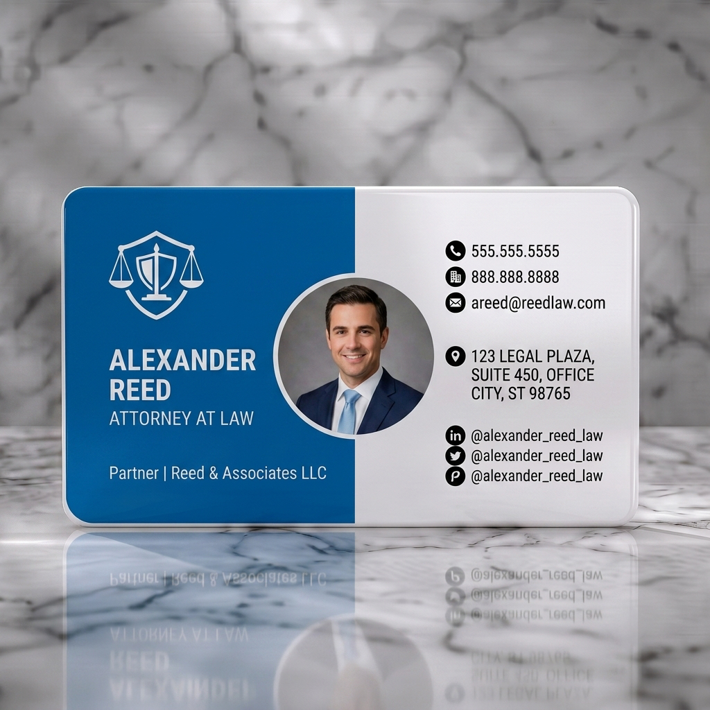 Solid white PVC business card featuring modern blue & white design with law emblem, sans-serif font, circular photo, & minimalist contact icons