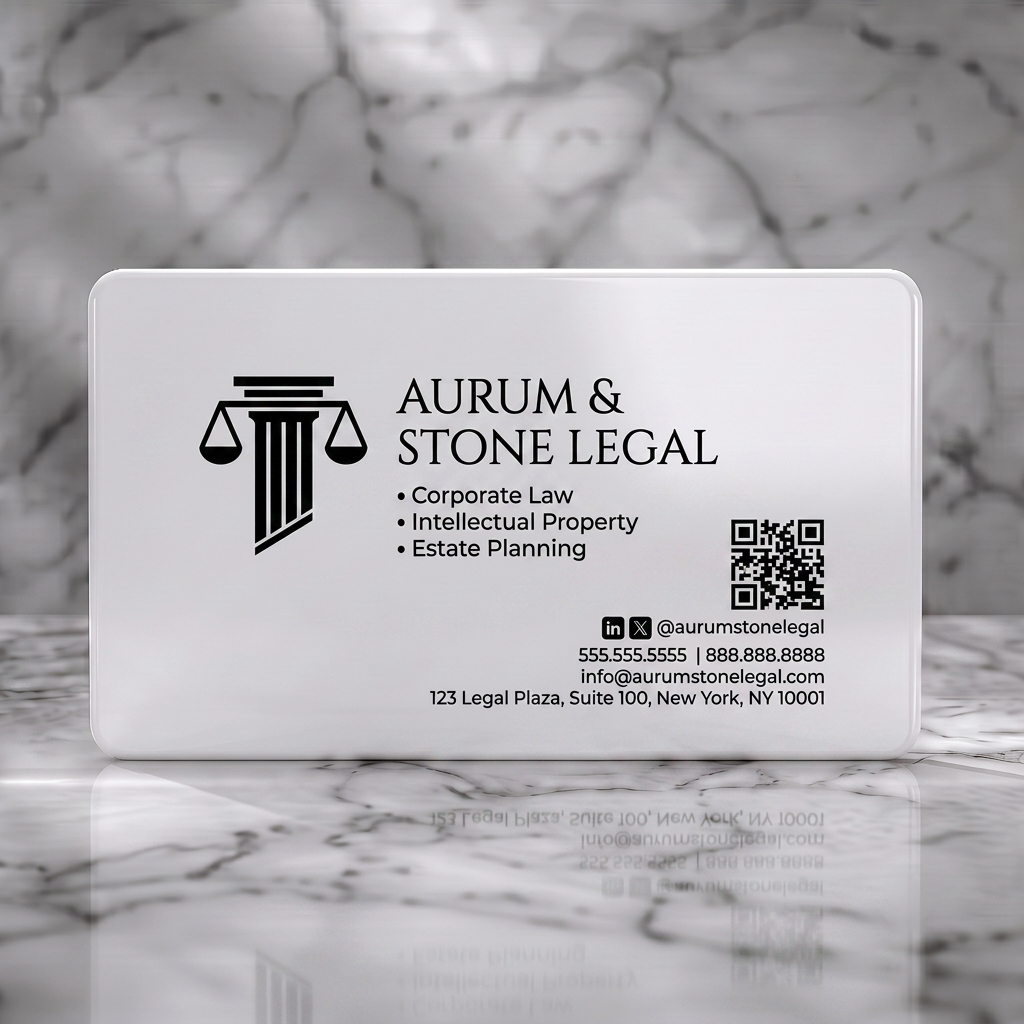 Solid white PVC business card featuring modern, black sans-serif text with a stylized scales of justice icon and social media links