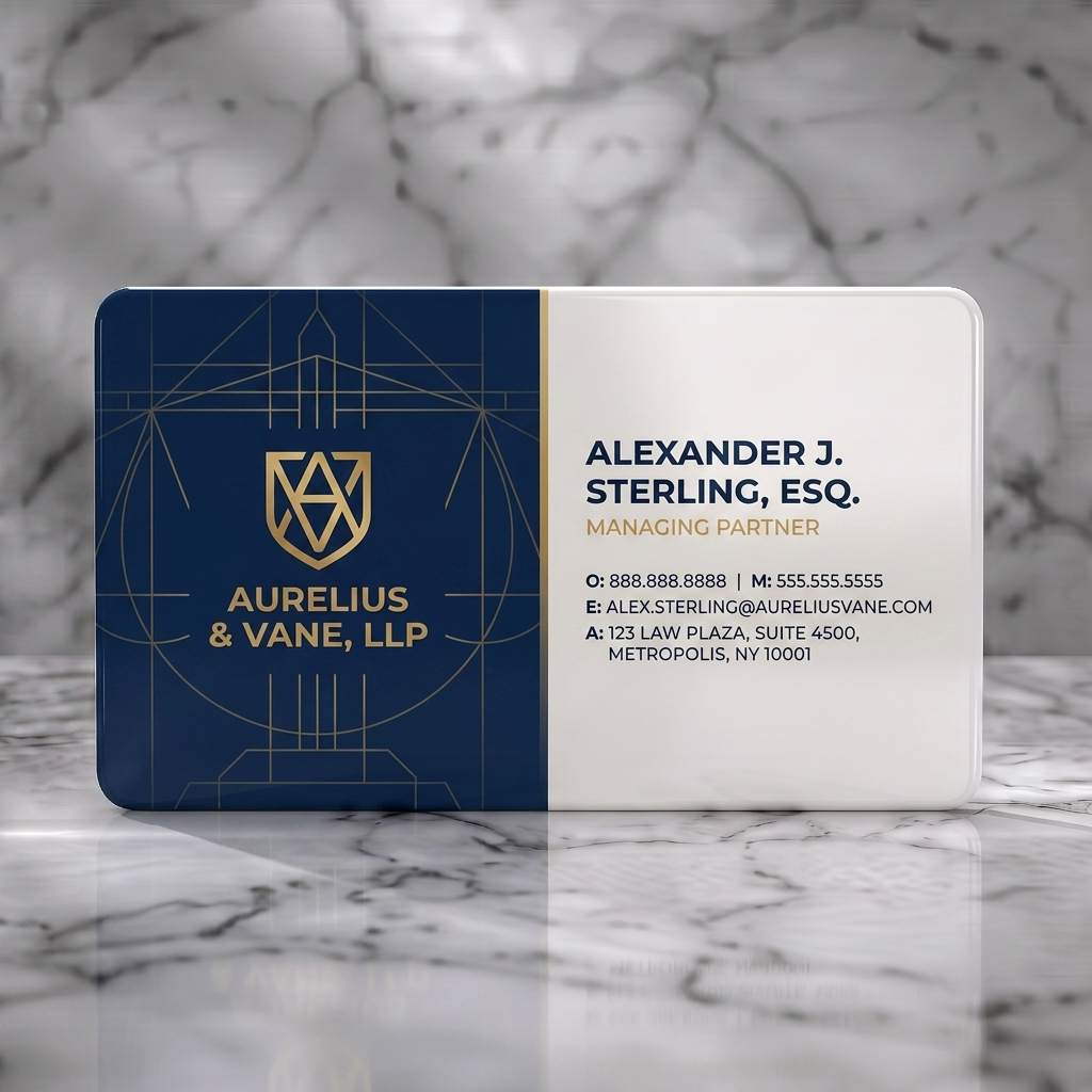 Solid white PVC business card featuring elegant two-tone design with a geometric gold monogram on navy, complemented by clean sans-serif typography