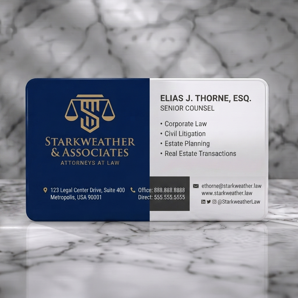 Solid white PVC business card featuring a professional two-tone navy & white design, gold logo, classic serif/modern sans-serif, minimalist icons
